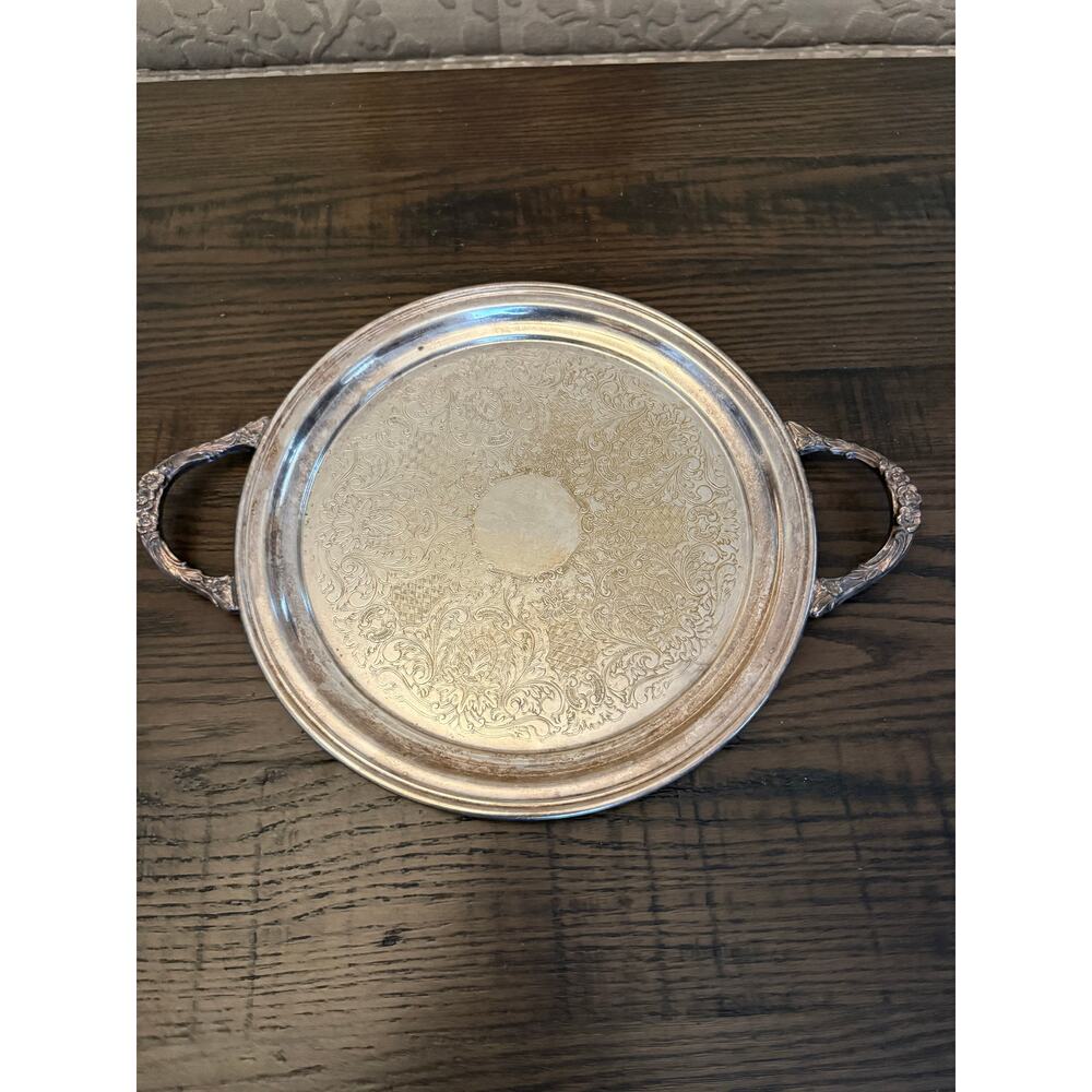 12" Round Silverplate Waiter Tray Serving Platter w/Baroque Handles